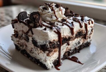 A decadent slice of no-bake ice cream cake layered with cream and chocolate cookies, drizzled with fudge.