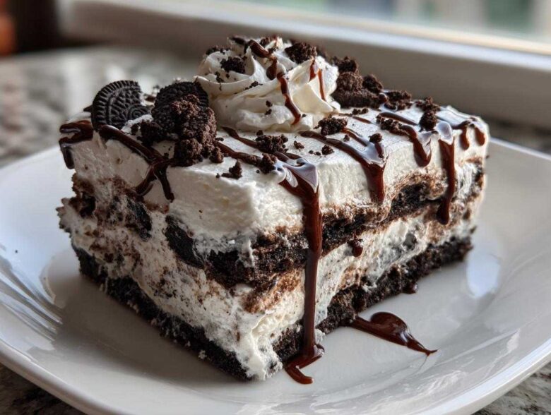 A decadent slice of no-bake ice cream cake layered with cream and chocolate cookies, drizzled with fudge.