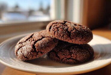 Three dark, crinkled ginger molasses cookies coated in sugar resting on a light-colored plate near a window.