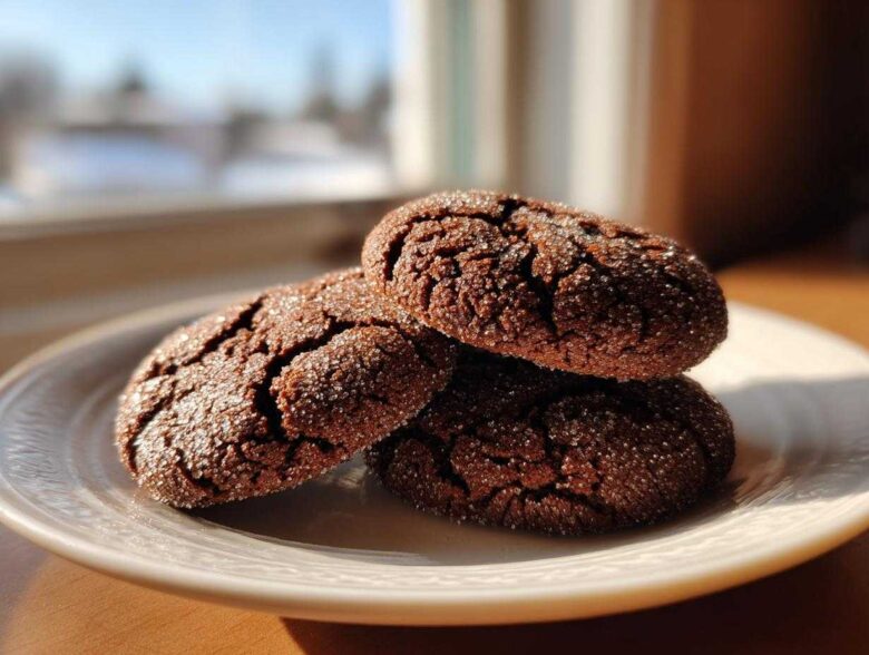 Three dark, crinkled ginger molasses cookies coated in sugar resting on a light-colored plate near a window.