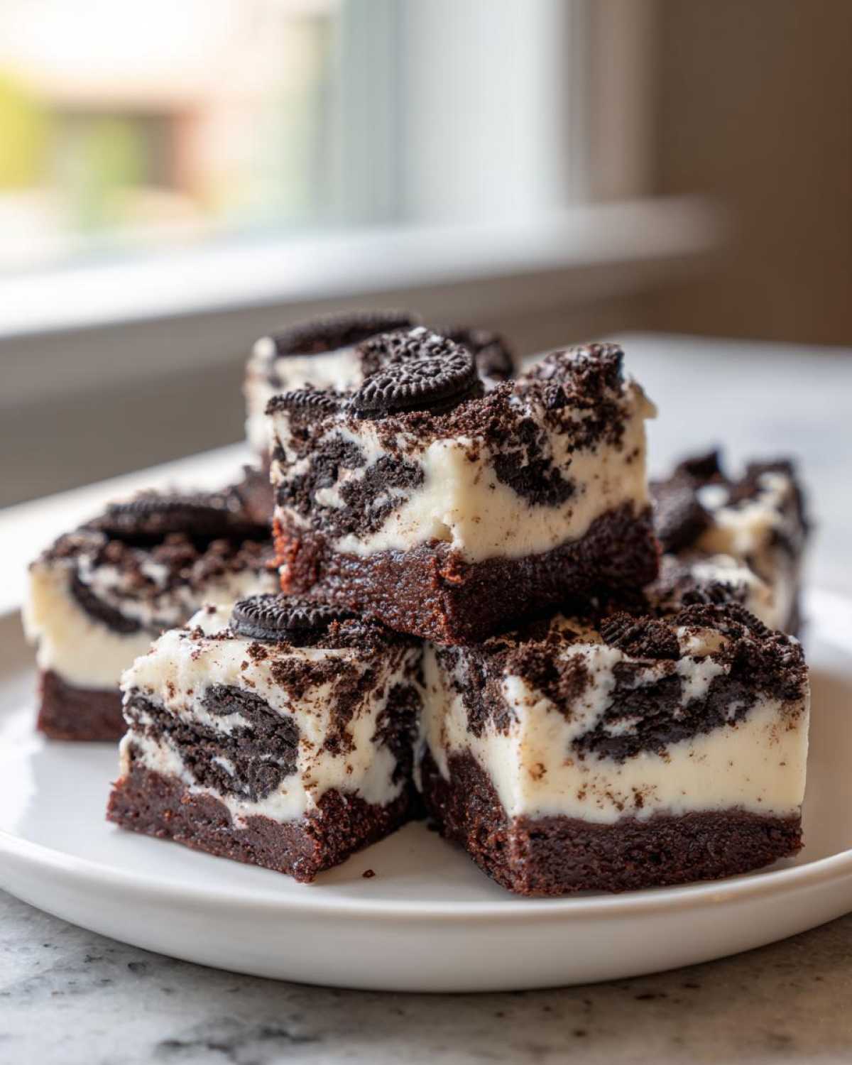 Stack of rich Oreo fudge bars featuring a dark chocolate base and a thick, creamy white layer topped with crushed Oreos.