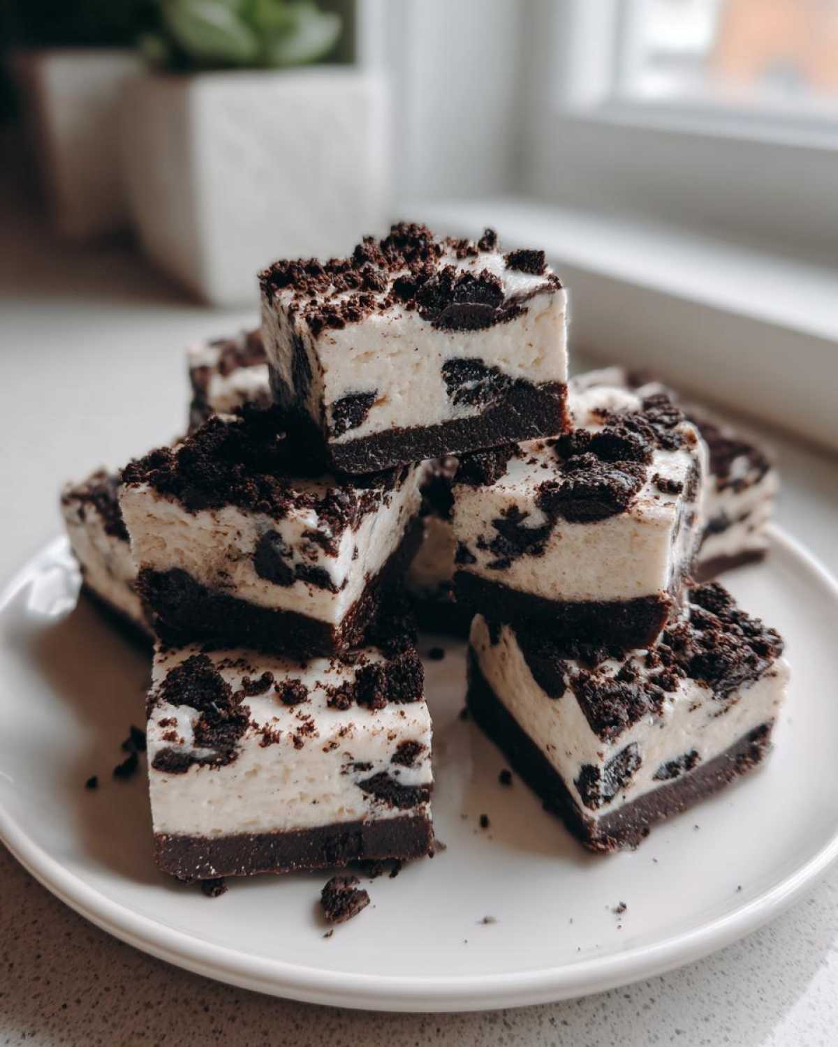 A stack of creamy white and dark chocolate squares of Oreo fudge topped with crushed cookies.
