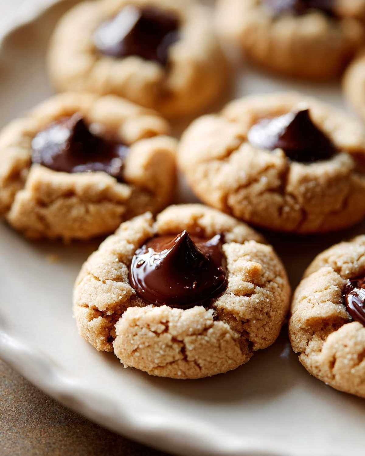 Close-up shot of several freshly baked peanut butter blossom cookies with melted chocolate kisses on a light plate.