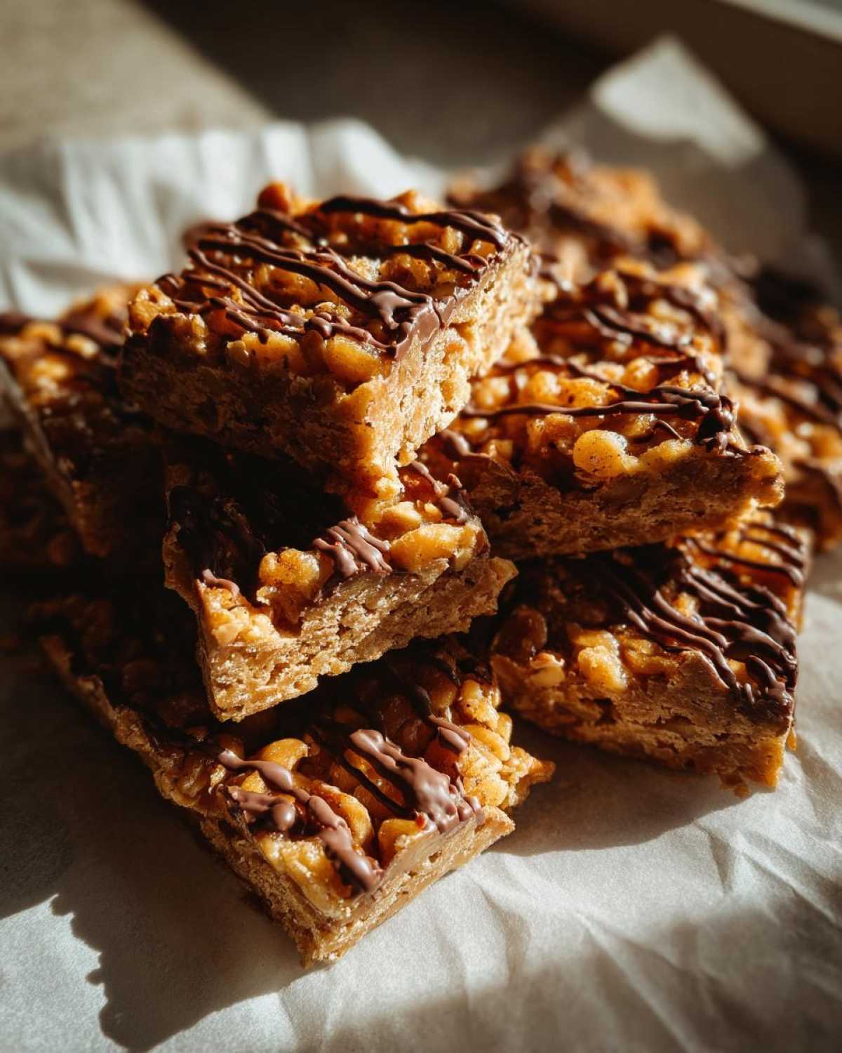 A stack of rich, chewy Pecan Pie Bark squares topped with a dark chocolate drizzle, highlighted by dramatic sunlight.