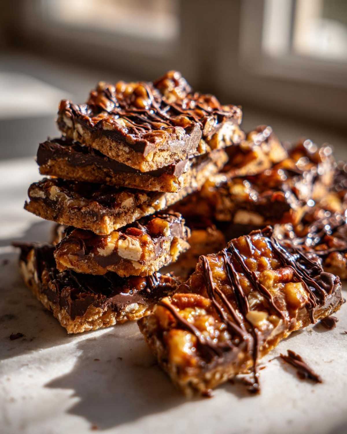 A stack of rich, gooey Pecan Pie Bark squares topped with pecans and drizzled with dark chocolate.