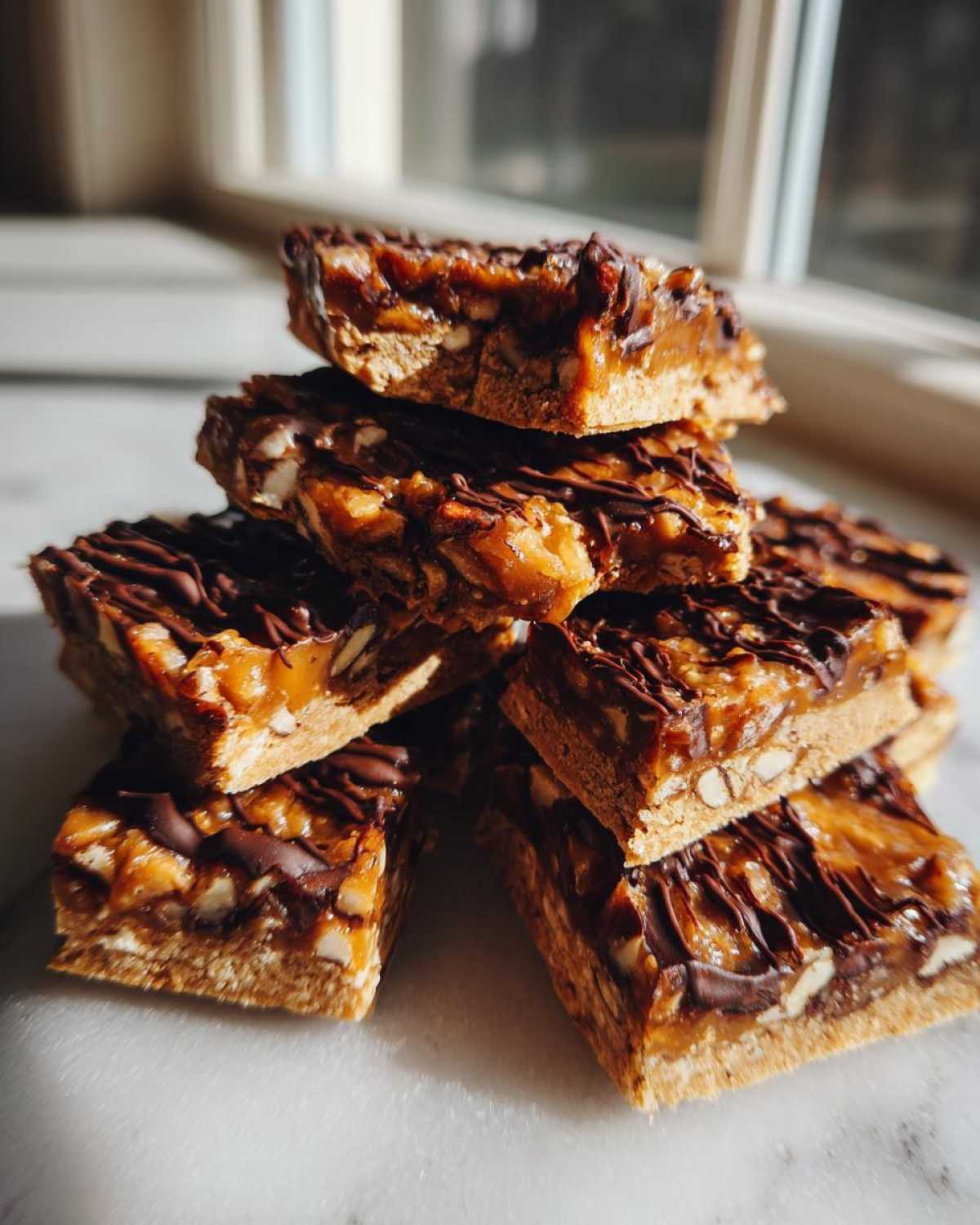 A stack of homemade Pecan Pie Bark squares drizzled with dark chocolate, sitting on a white marble surface.