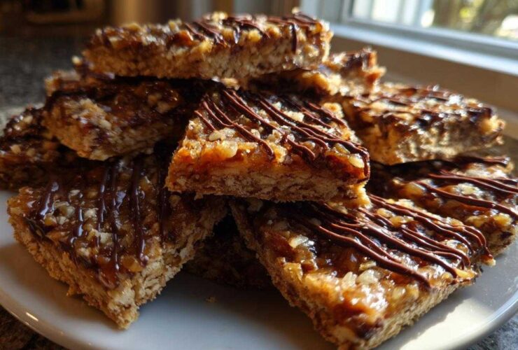 A stack of homemade Pecan Pie Bark squares drizzled with dark chocolate on a white plate.
