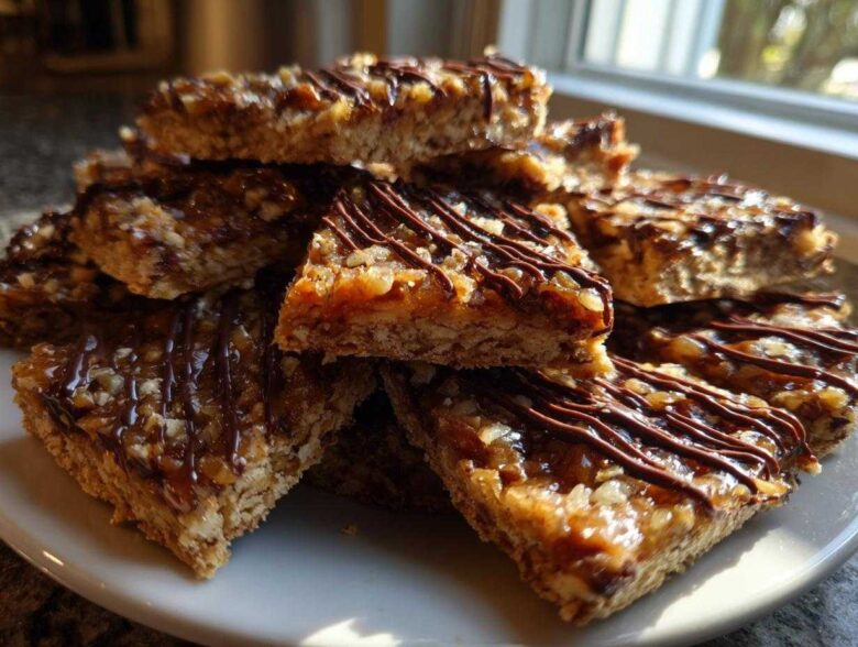 A stack of homemade Pecan Pie Bark squares drizzled with dark chocolate on a white plate.