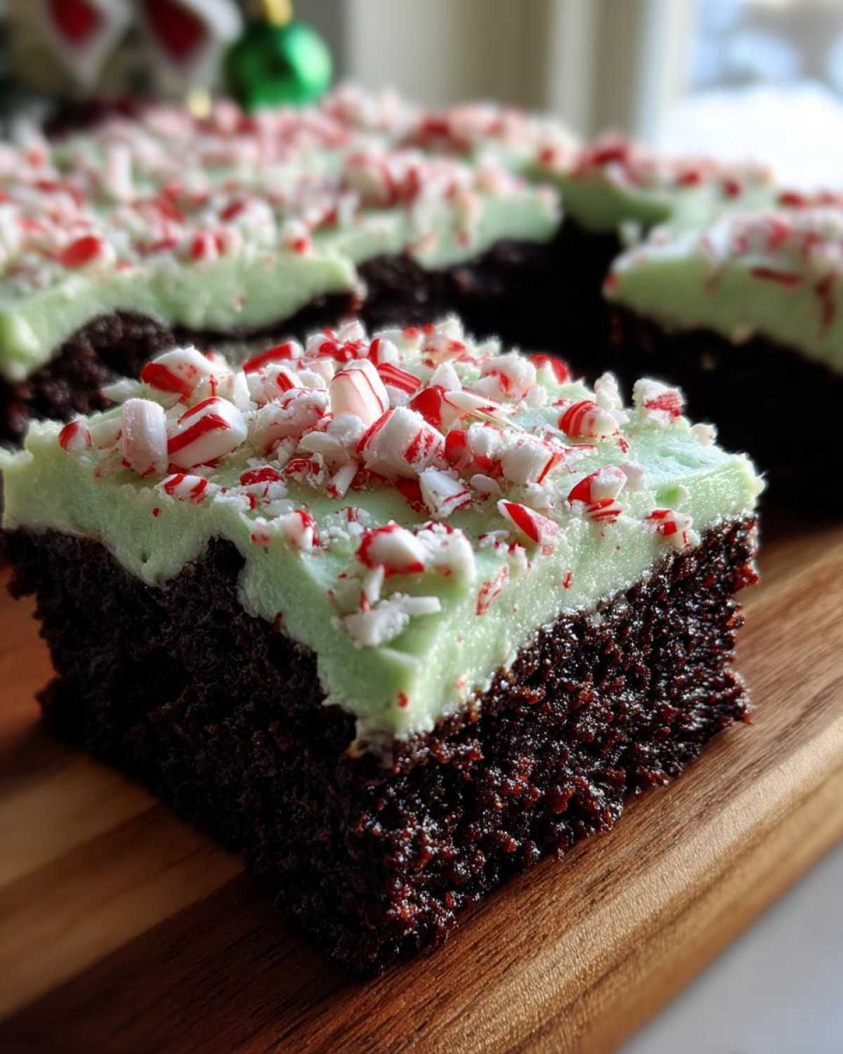 A close-up of a rich, dark chocolate peppermint brownie topped with light green mint frosting and crushed candy canes.