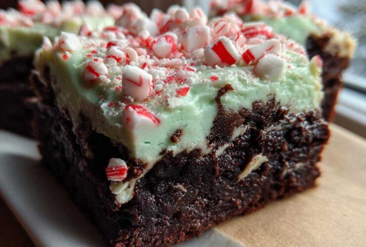 A rich, fudgy square of peppermint brownies topped with light green mint frosting and crushed candy canes.