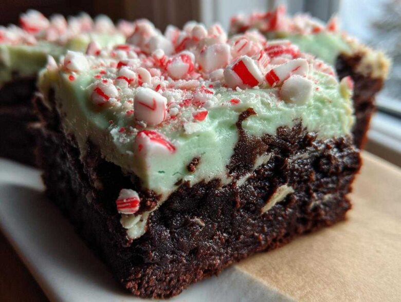 A rich, fudgy square of peppermint brownies topped with light green mint frosting and crushed candy canes.