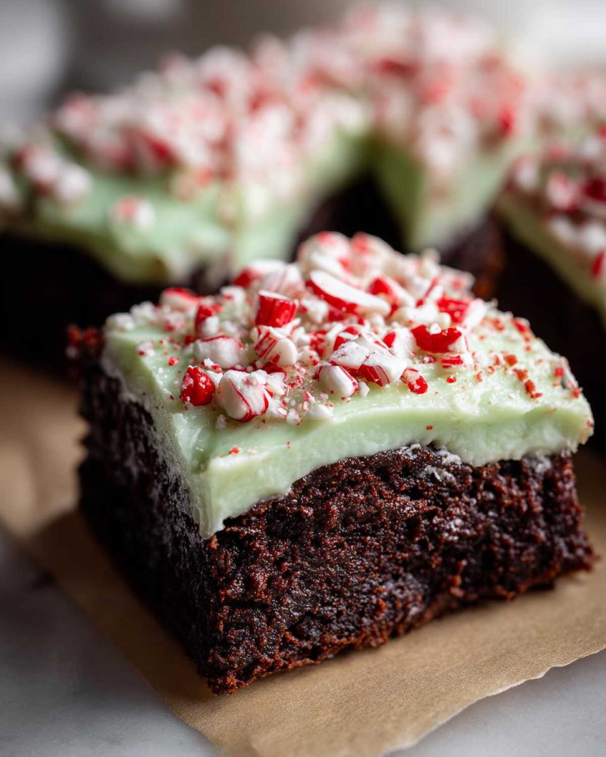 A close-up of a rich chocolate peppermint brownies square topped with light green mint frosting and crushed candy canes.