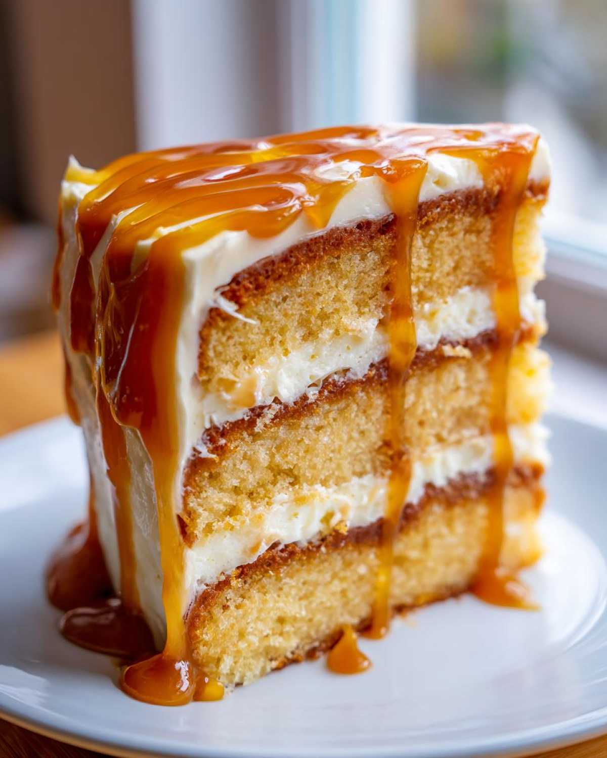 Close-up of a decadent slice of caramel cake with three layers of sponge, white frosting, and thick caramel sauce dripping down the sides.