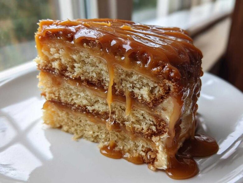 Close-up of a moist slice of caramel cake with three layers and thick, glossy caramel dripping down the sides.