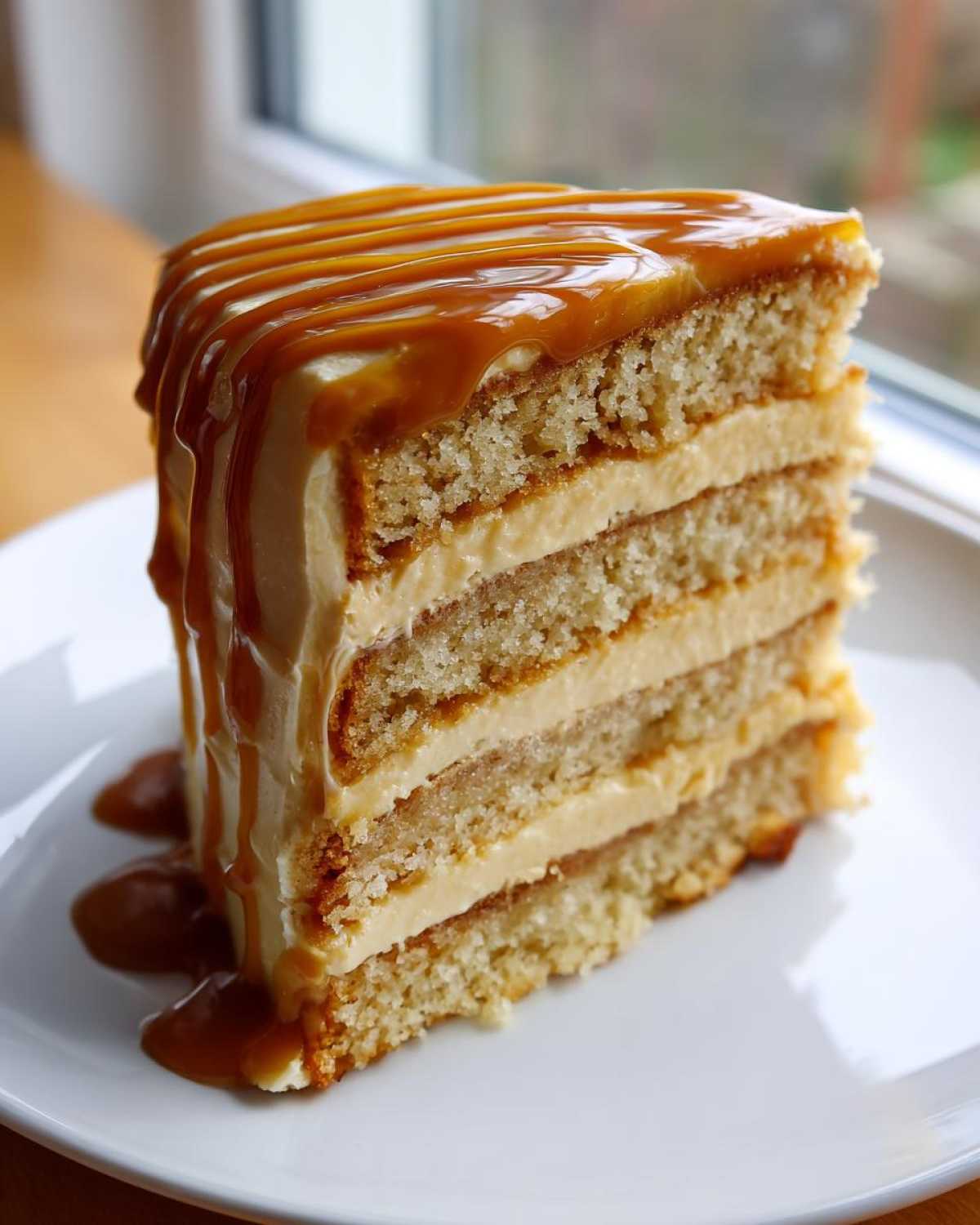 A tall slice of layered caramel cake with thick frosting and a rich caramel drizzle cascading down the sides.