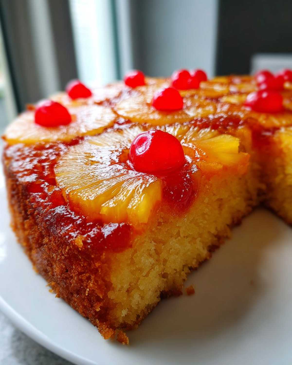 Close-up of a slice of moist pineapple upside down cake topped with caramelized pineapple rings and bright red maraschino cherries.