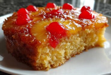 Close-up of a moist slice of pineapple upside down cake topped with caramelized pineapple rings and bright red maraschino cherries.