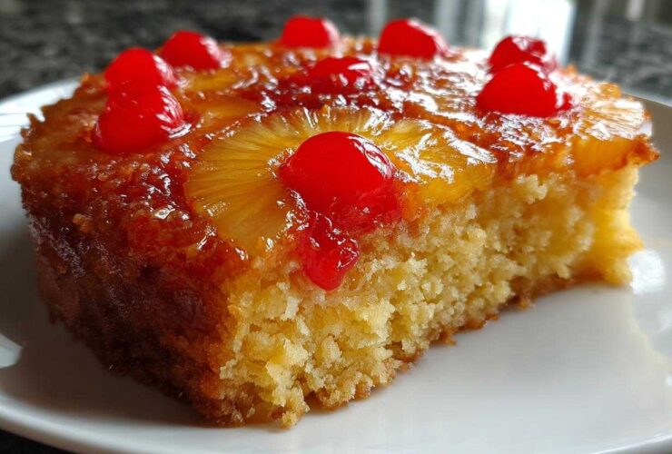 Close-up of a moist slice of pineapple upside down cake topped with caramelized pineapple rings and bright red maraschino cherries.