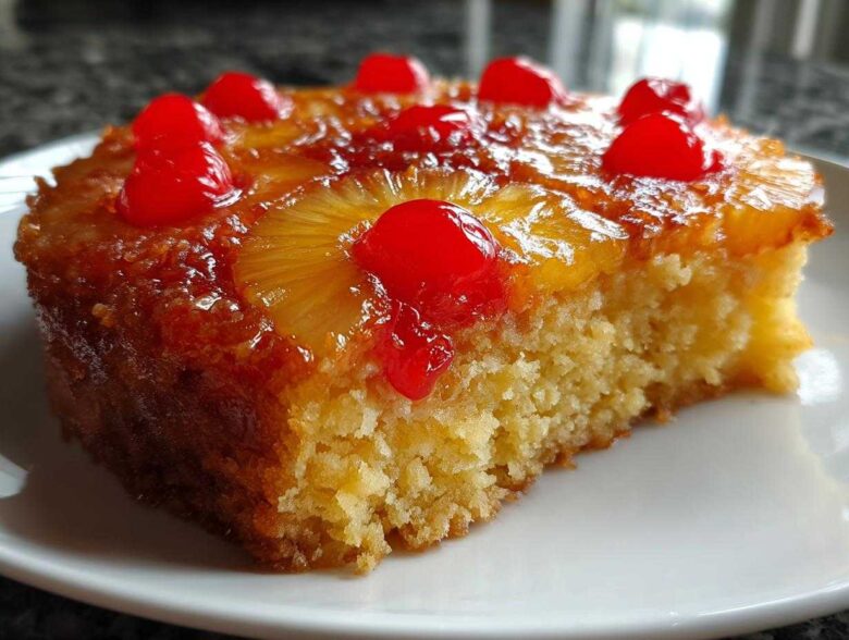 Close-up of a moist slice of pineapple upside down cake topped with caramelized pineapple rings and bright red maraschino cherries.