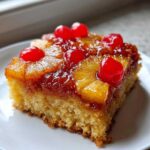 Close-up of a moist slice of pineapple upside down cake topped with caramelized pineapple rings and bright red maraschino cherries.