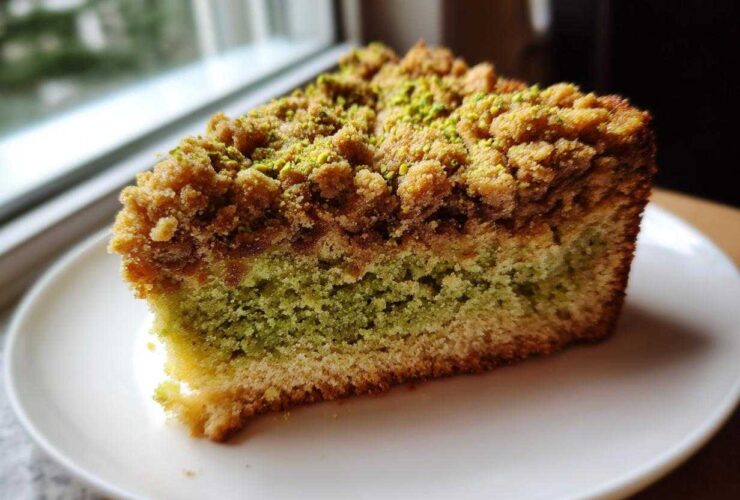 Close-up of a slice of pistachio coffee cake showing the green pistachio layer and brown crumb topping.