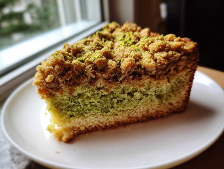 Close-up of a slice of pistachio coffee cake showing the green pistachio layer and brown crumb topping.