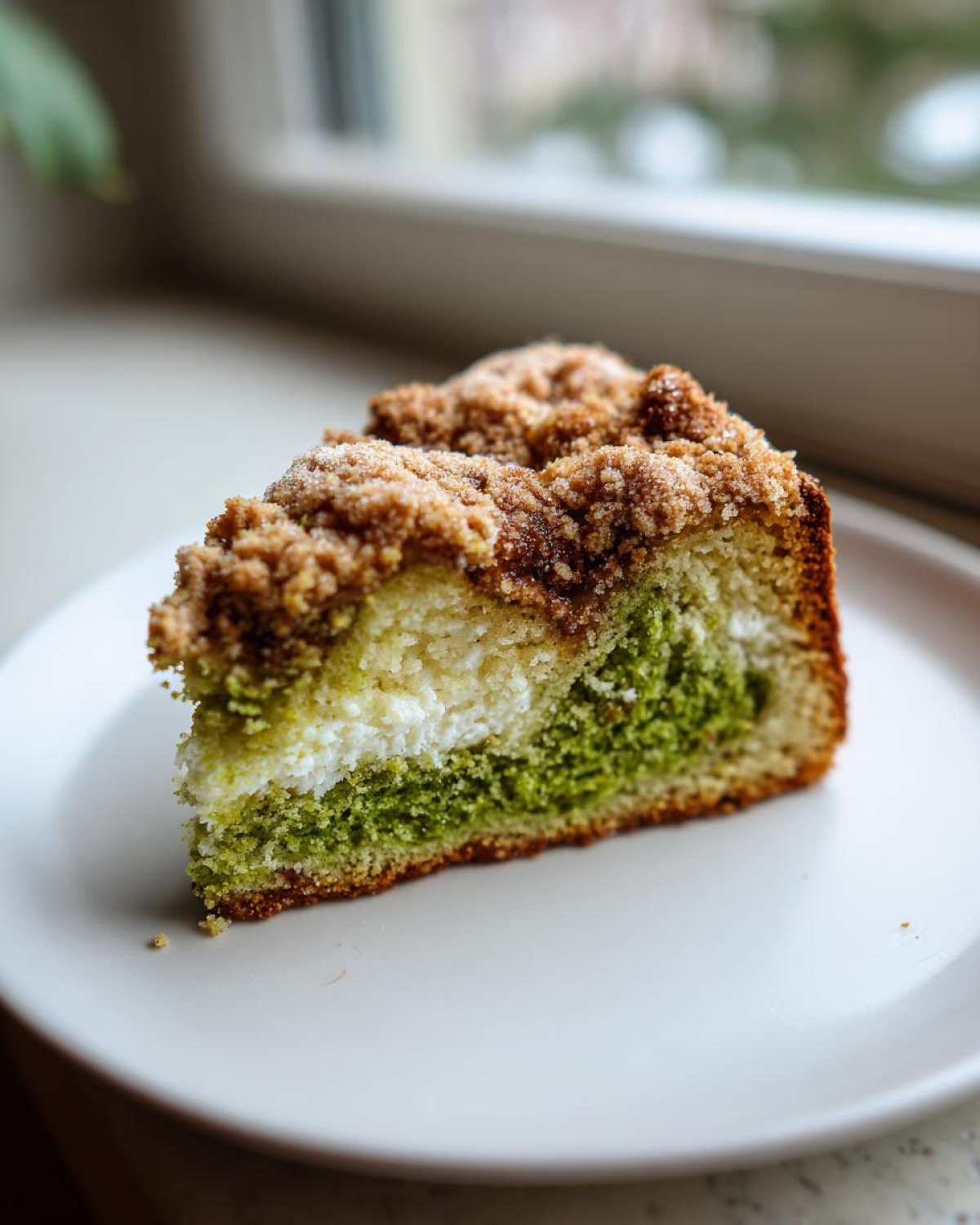 A close-up of a slice of pistachio coffee cake showing green pistachio cake, white cream cheese layer, and brown streusel topping.