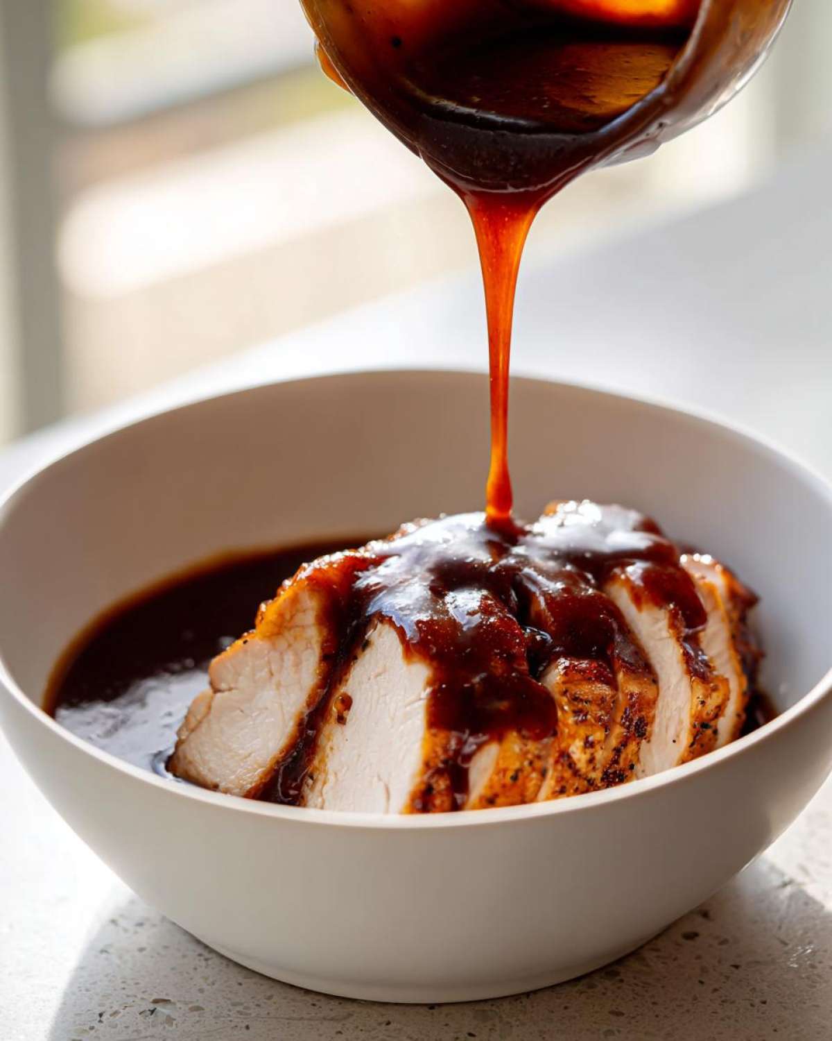 Close-up of homemade teriyaki sauce being poured from a small pot onto sliced, cooked chicken breast in a white bowl.