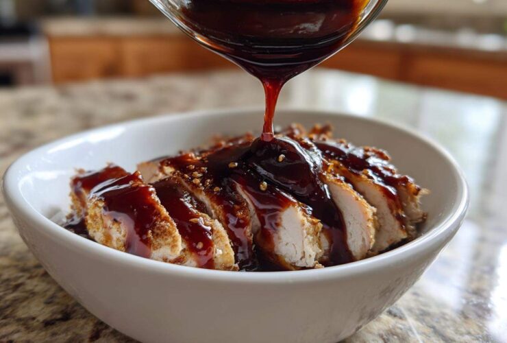 Thick, glossy homemade teriyaki sauce being poured from a glass pitcher over sliced, breaded chicken in a white bowl.