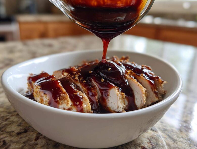 Thick, glossy homemade teriyaki sauce being poured from a glass pitcher over sliced, breaded chicken in a white bowl.