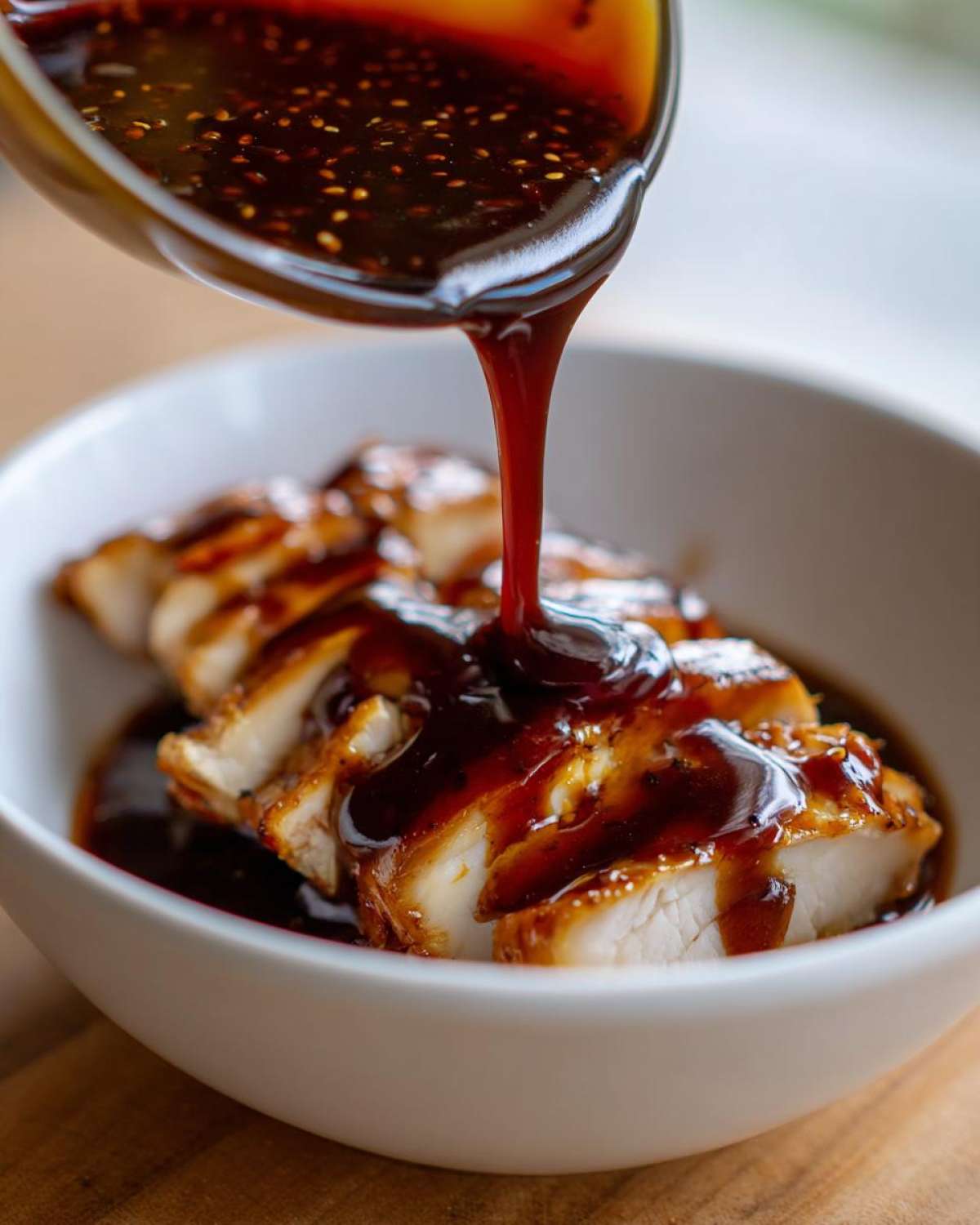 Pouring thick, glossy teriyaki sauce with sesame seeds over sliced grilled chicken breast in a white bowl.