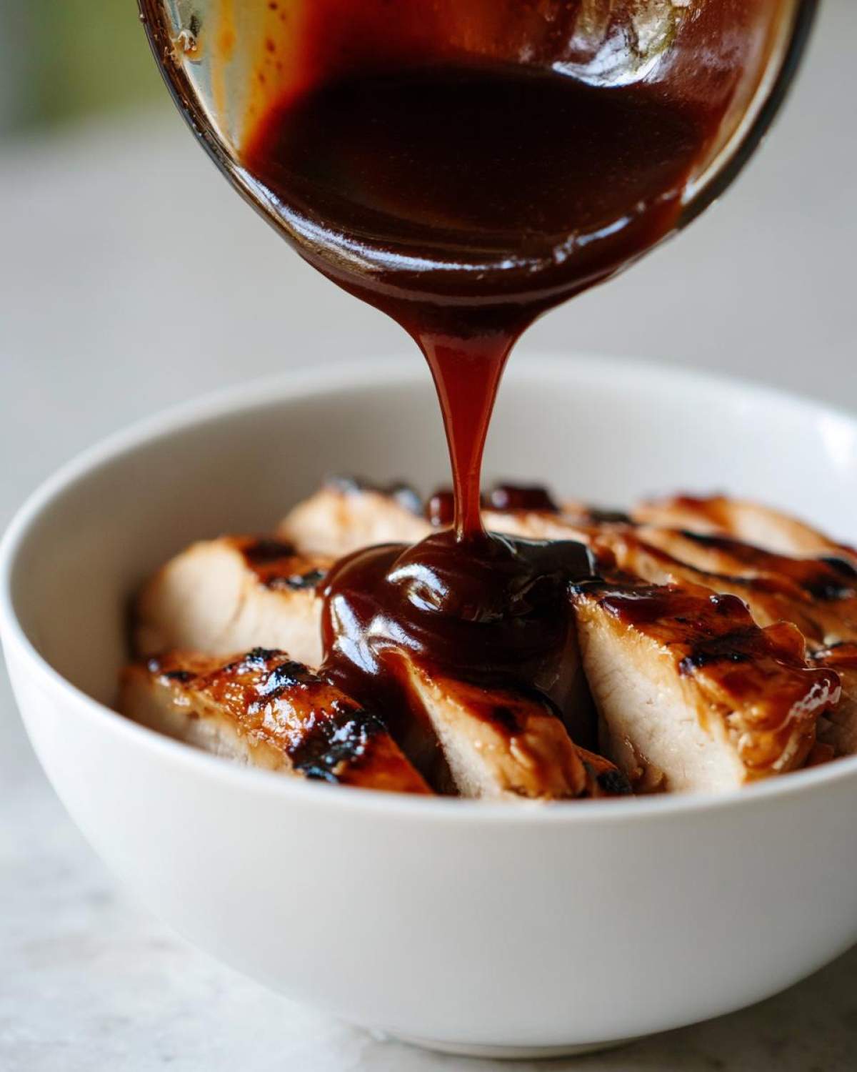 Thick, homemade teriyaki sauce being poured from a glass measuring cup onto sliced, grilled chicken breast in a white bowl.