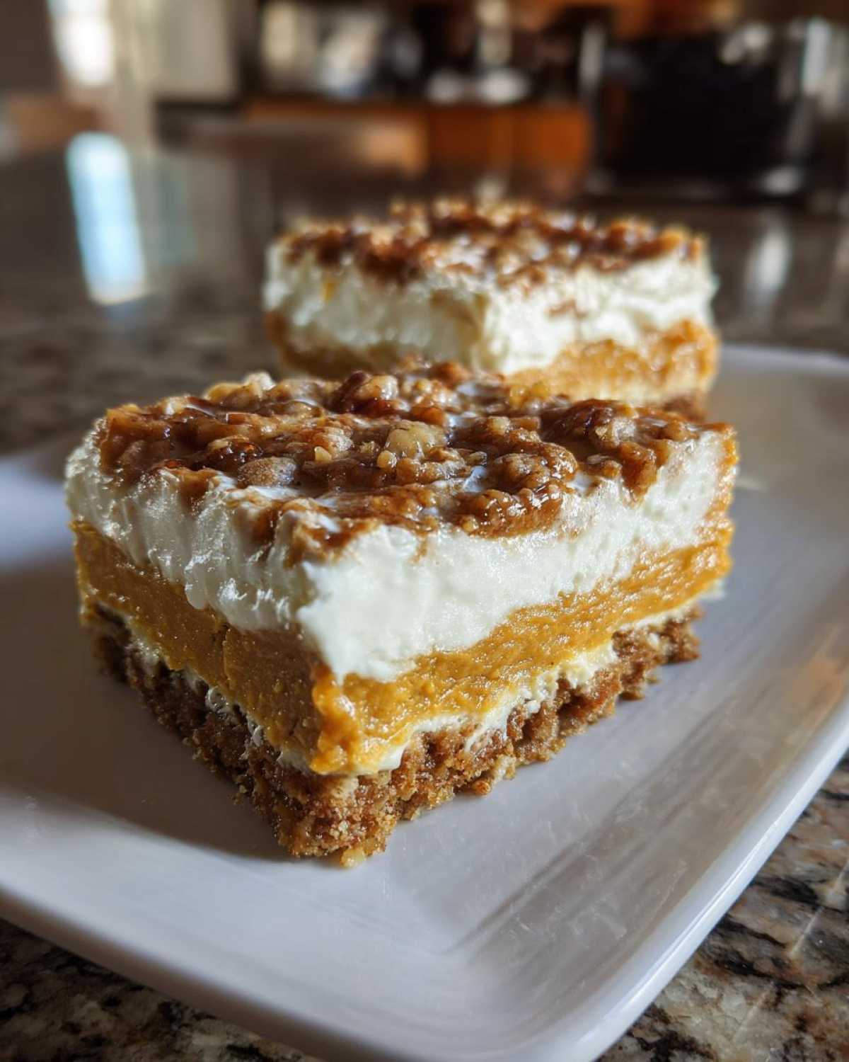 Close-up of a square slice of 3-layer pumpkin crunch dessert on a white plate.