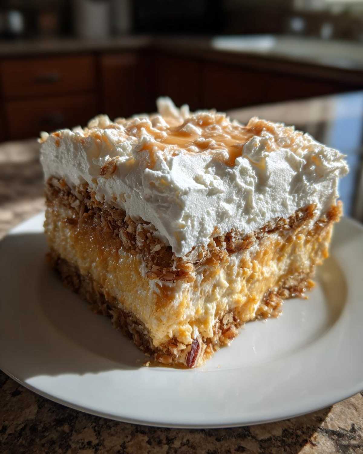 A square slice of the 3-layer pumpkin crunch dessert featuring a creamy orange filling, crunchy pecan layer, and whipped topping.