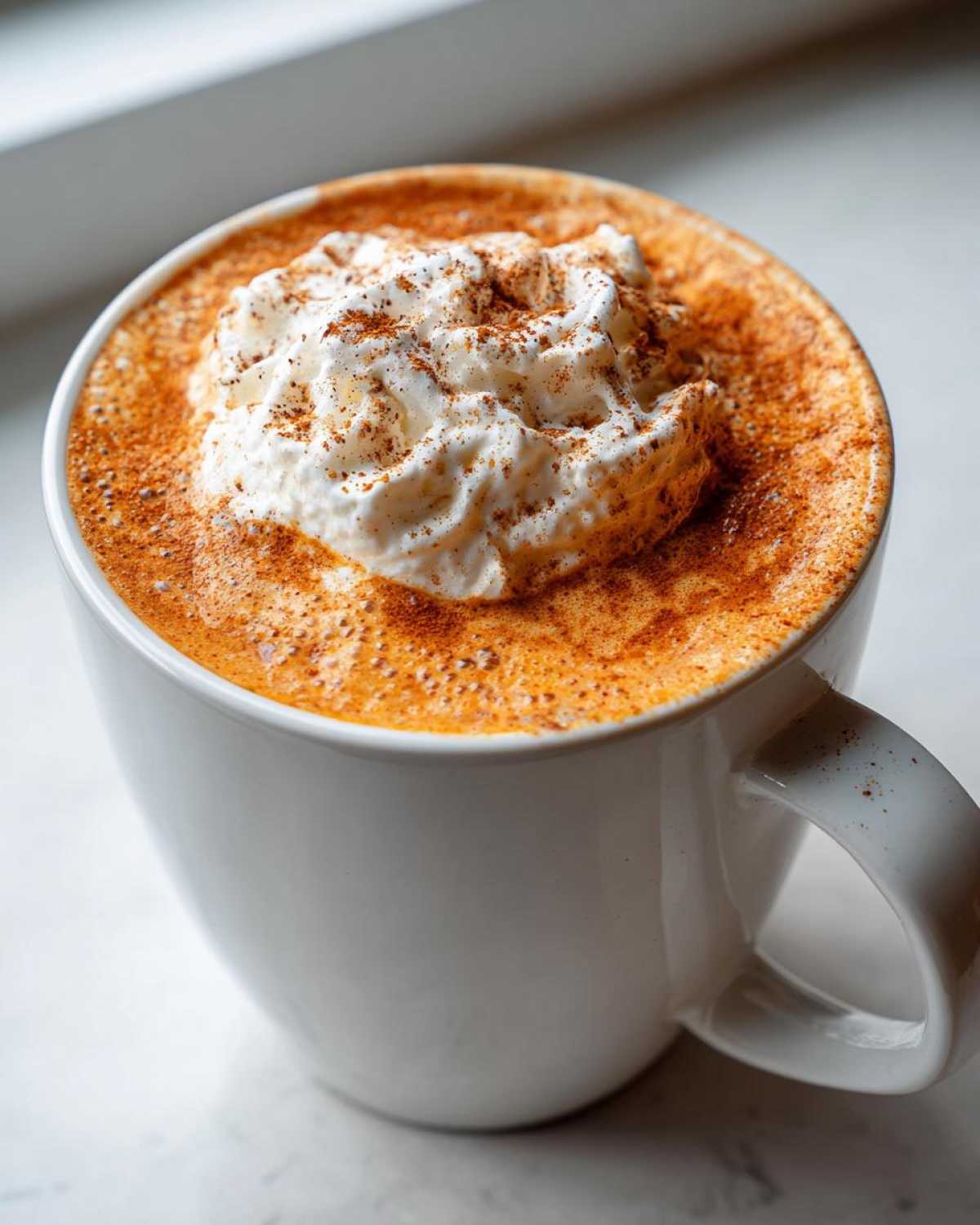 Close-up of a creamy pumpkin spice latte topped with whipped cream and cinnamon dusting.