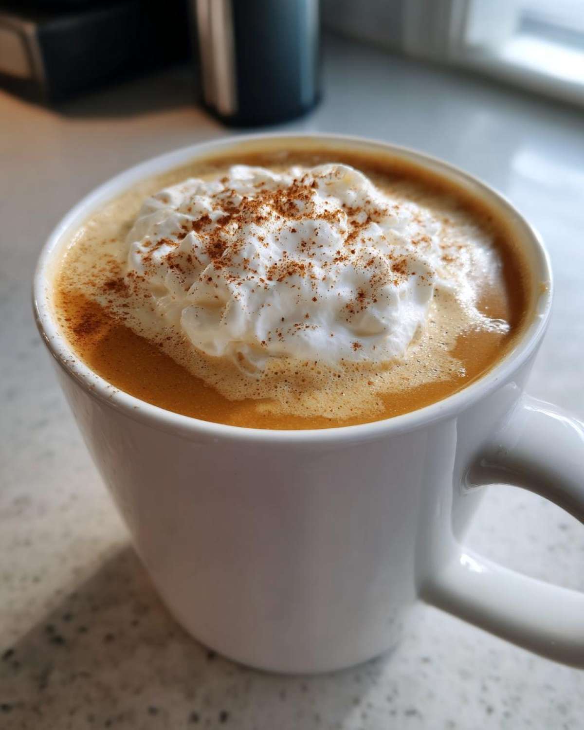 Close-up of a rich pumpkin spice latte in a white mug, topped with whipped cream and cinnamon.