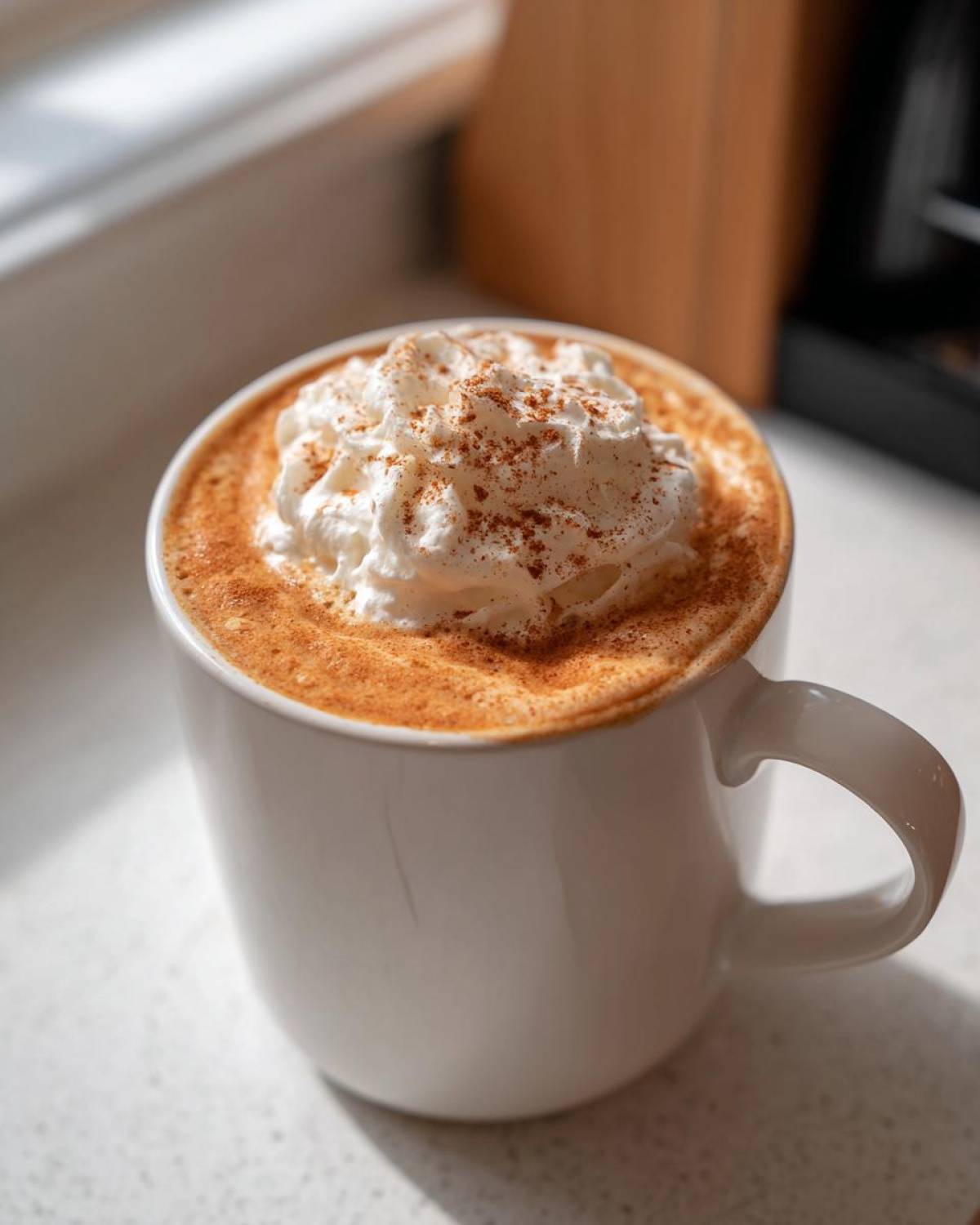 Close-up of a homemade pumpkin spice latte topped with whipped cream and cinnamon.
