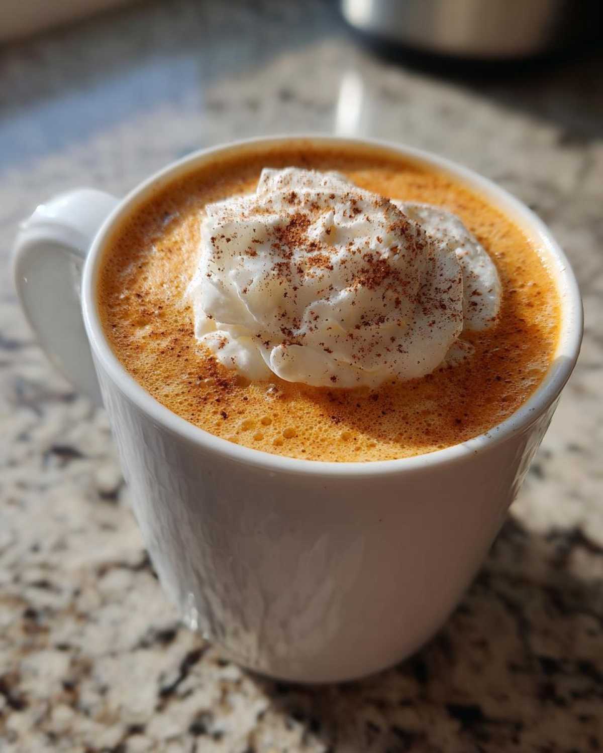 Close-up of a homemade pumpkin spice latte topped with whipped cream and cinnamon.
