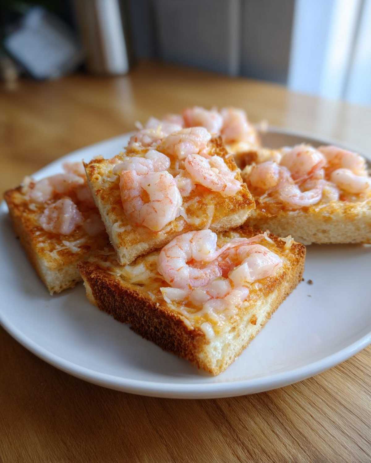 Four pieces of golden brown shrimp toast topped with melted cheese and pink cooked shrimp, served on a white plate.