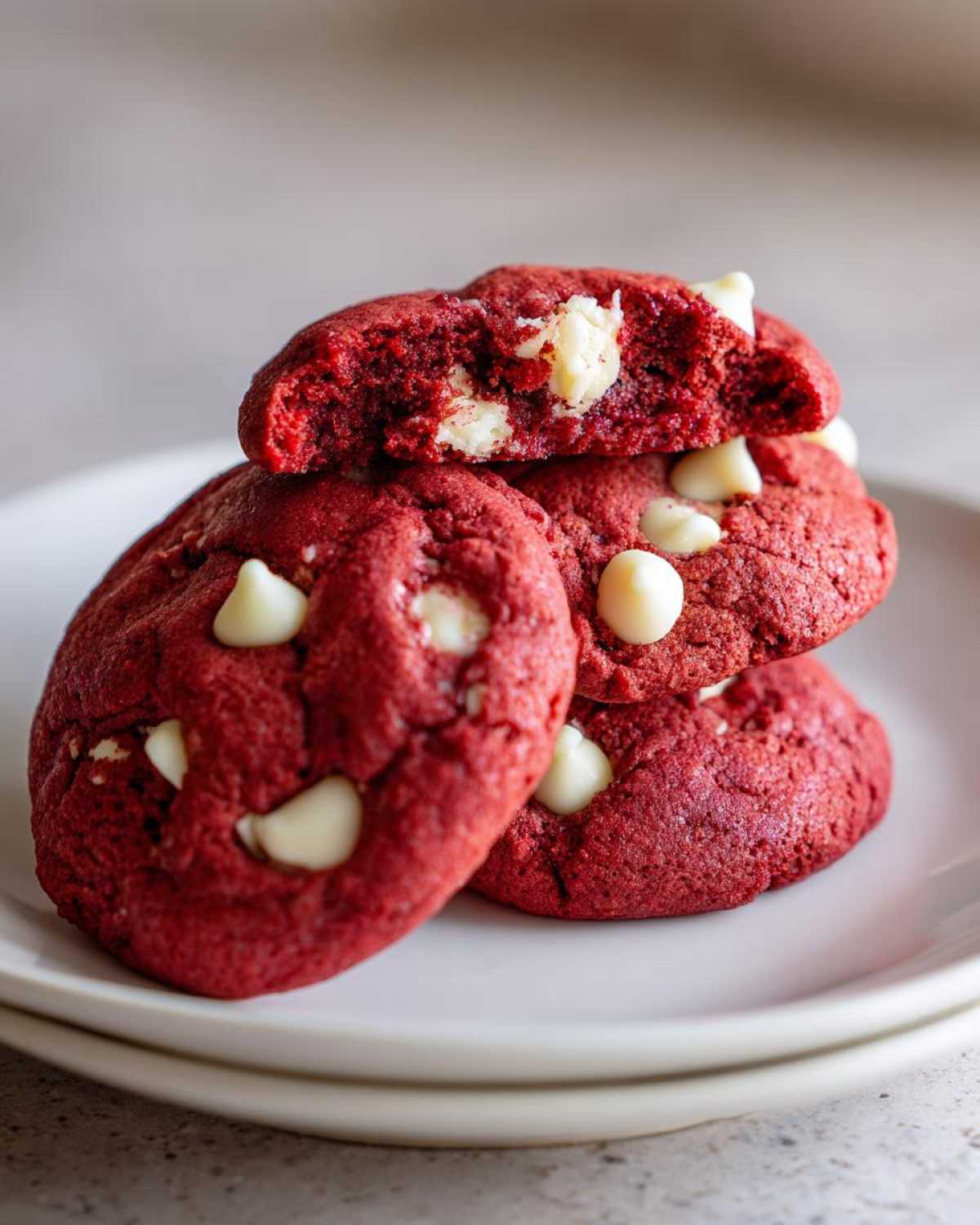 A stack of three vibrant red velvet cake mix cookies studded with white chocolate chips, one cookie broken open to show the soft interior.