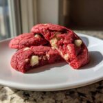 Close-up of soft, bright red velvet cake mix cookies filled with white chocolate chips, one cookie is broken in half.