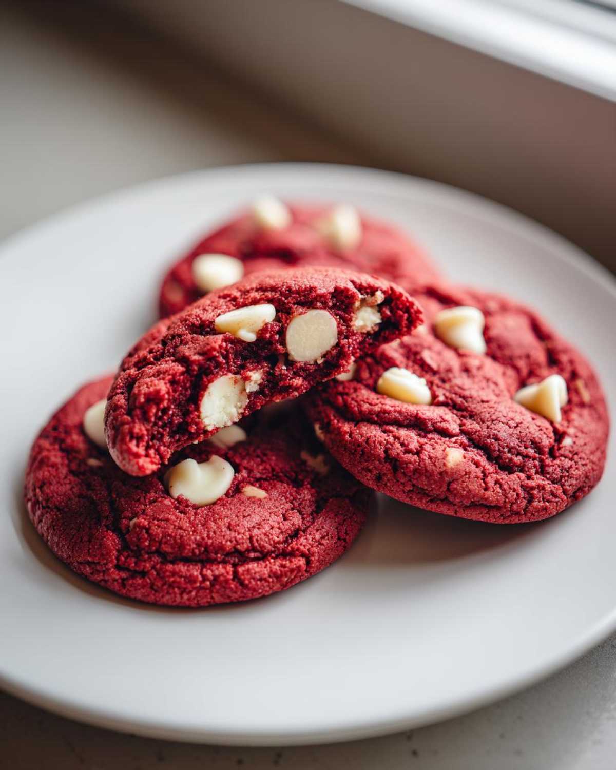 Close-up of soft red velvet cake mix cookies with melted white chocolate chips on a white plate.