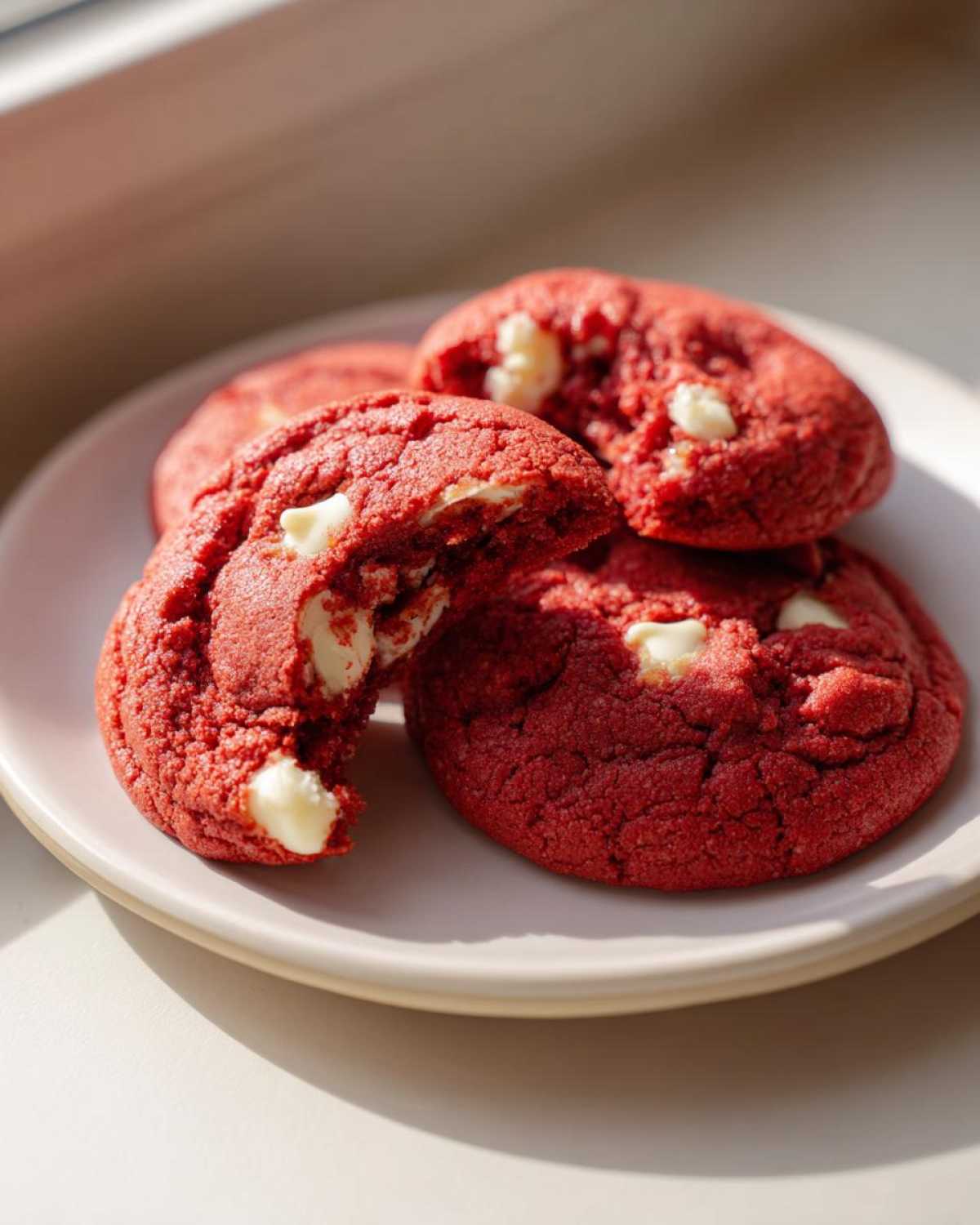 Close-up of soft, bright red velvet cake mix cookies with melted white chocolate chips on a light plate.