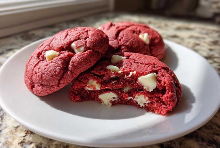 Three vibrant red velvet cake mix cookies with white chocolate chips on a white plate, one is broken open.