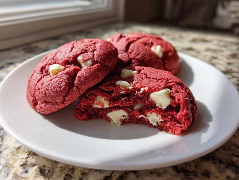 Three vibrant red velvet cake mix cookies with white chocolate chips on a white plate, one is broken open.