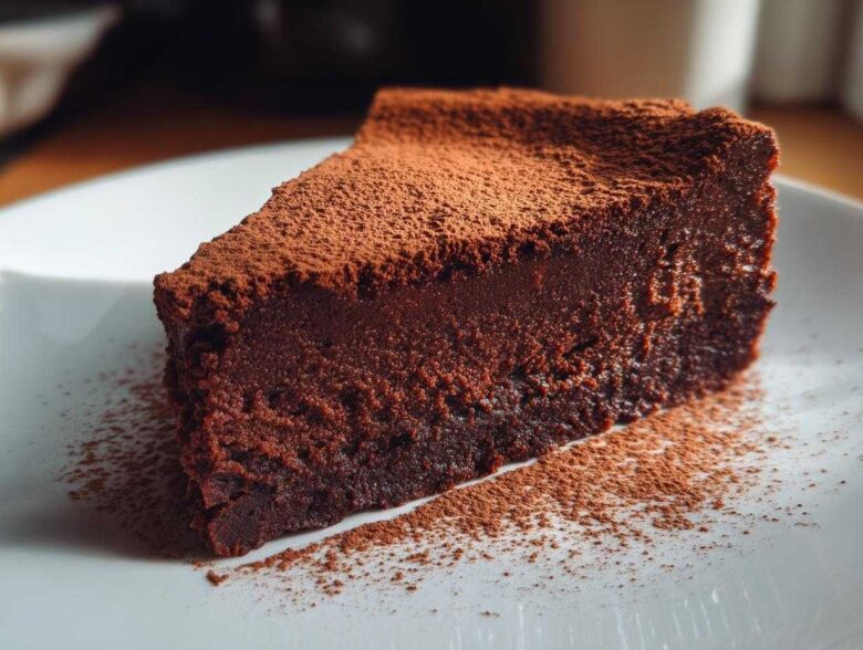 A decadent slice of flourless chocolate torte, intensely dark and dusted heavily with cocoa powder, served on a white plate.