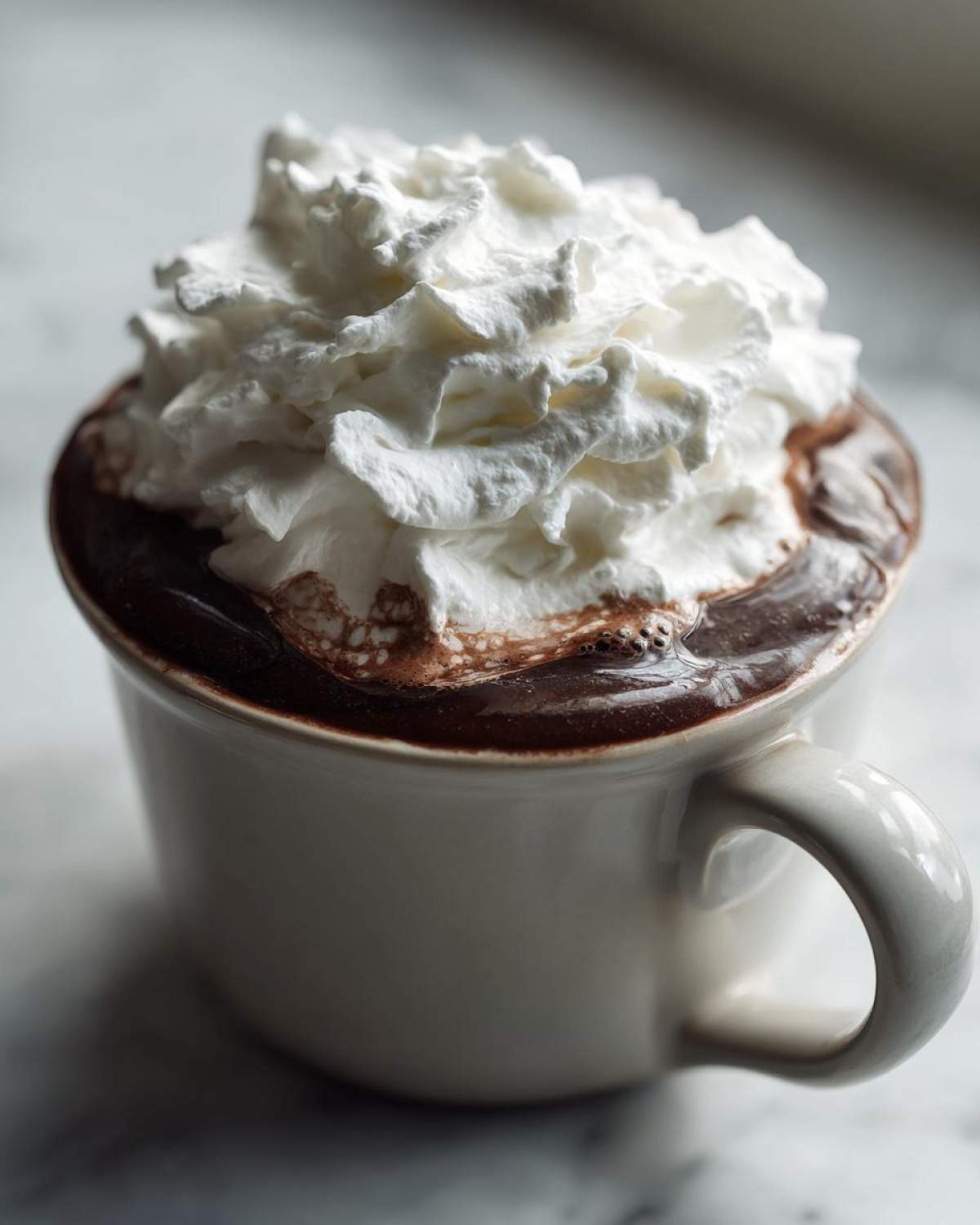 Close-up of a mug filled with rich, dark whipped hot chocolate topped high with fluffy whipped cream.