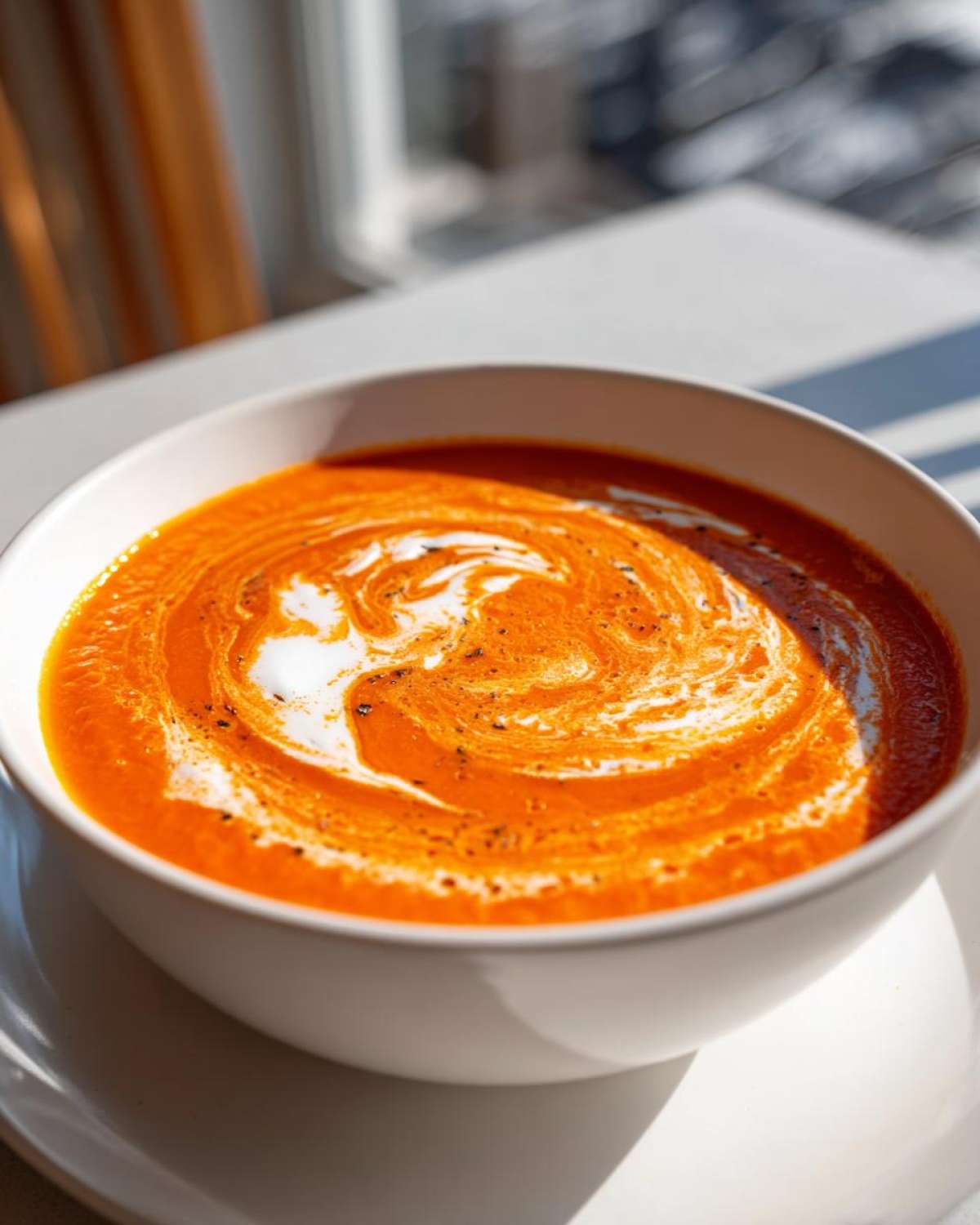 Close-up of vibrant orange roasted tomato soup topped with a swirl of cream and black pepper.