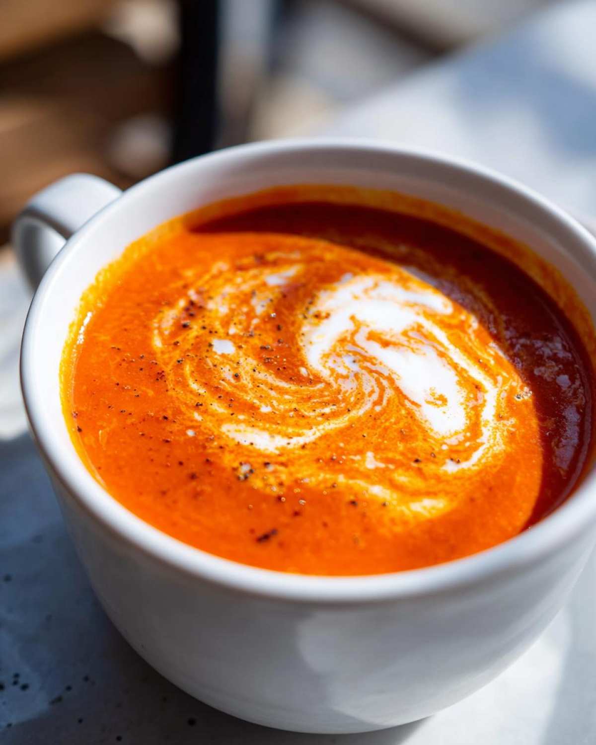 Close-up of vibrant orange roasted tomato soup swirled with cream and black pepper in a white mug.