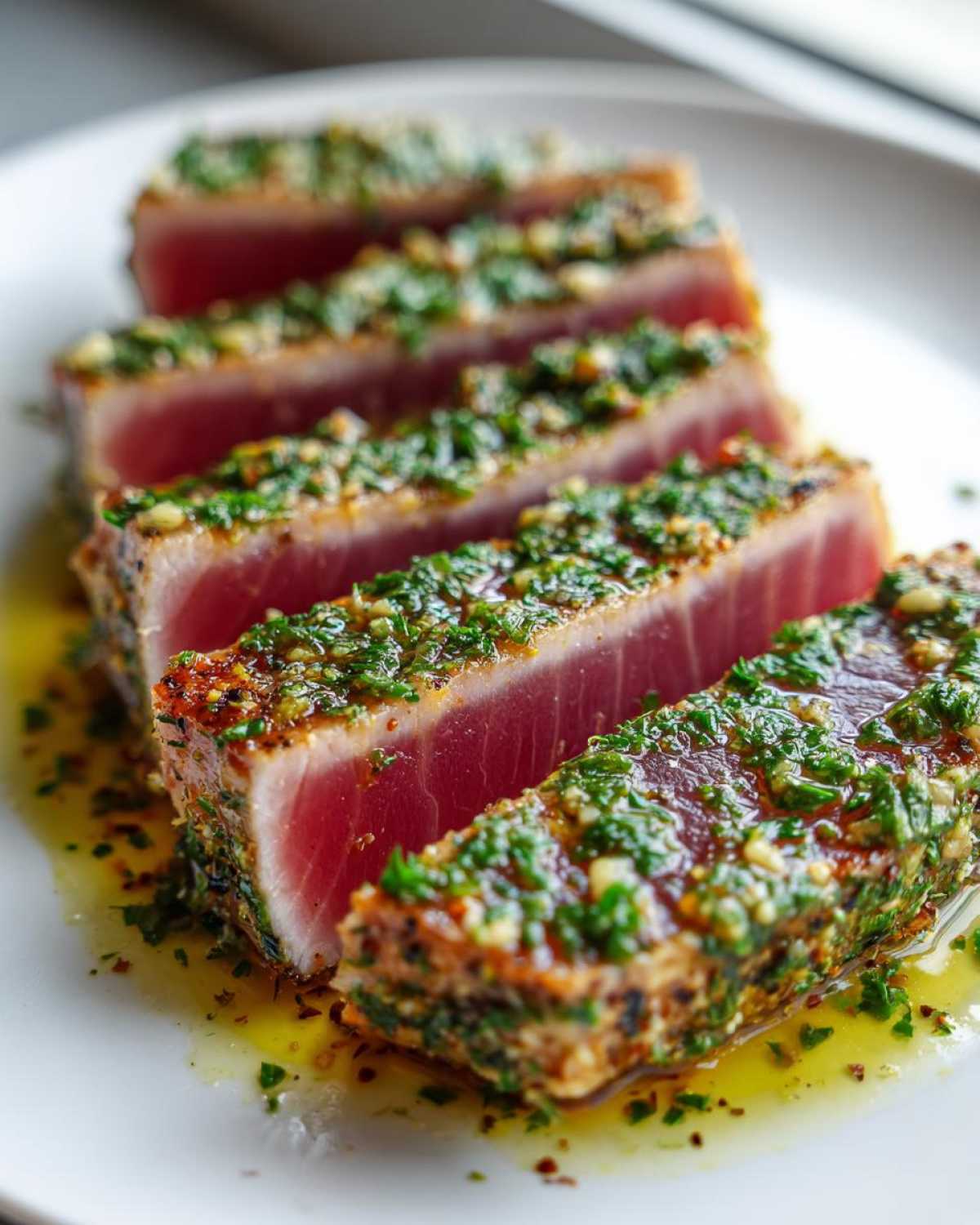 Four thick slices of seared tuna steak, rare in the center, topped with a vibrant green herb and garlic crust.